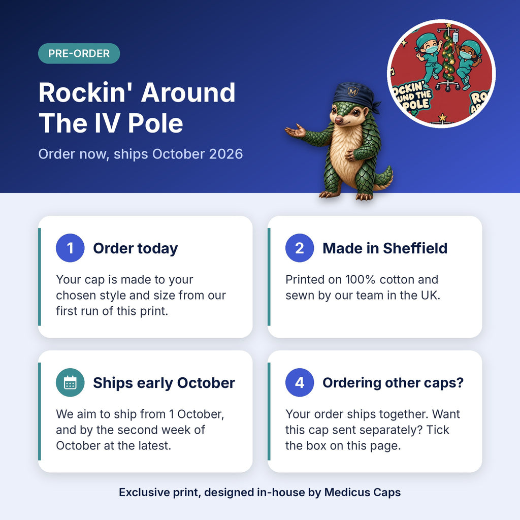 How pre-order works for the Rockin' Around The IV Pole scrub cap: order today, made in Sheffield, ships early October 2026