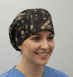 Lets Rock + Roll Anaesthesia scrub cap shown on model