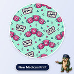Scrub Game scrub cap print: pink theatre masks with circle, triangle and square symbols on mint