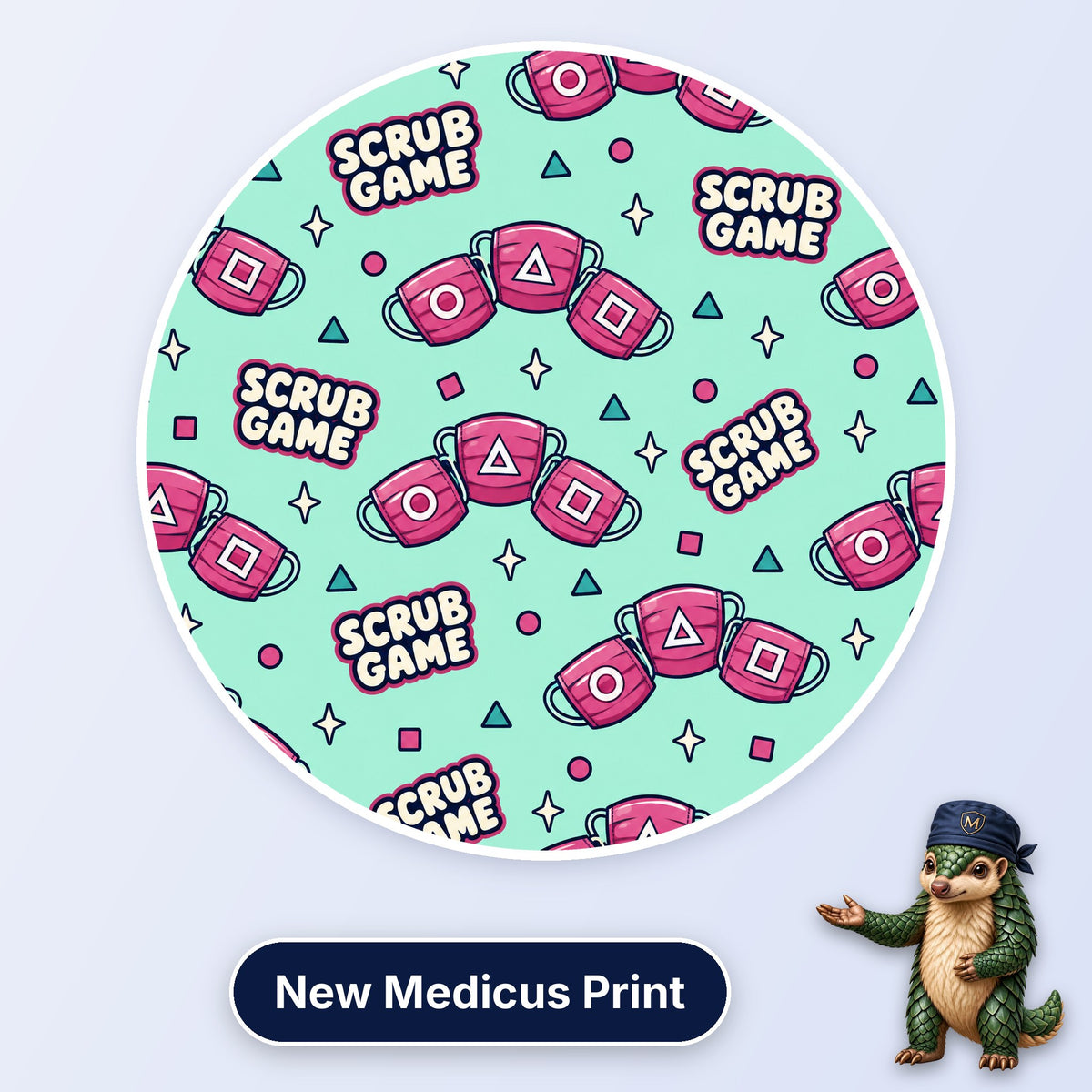 Scrub Game scrub cap print: pink theatre masks with circle, triangle and square symbols on mint