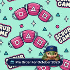 Scrub Game scrub cap print: pink theatre masks with circle, triangle and square symbols on mint, with a Pre Order For October 2026 badge