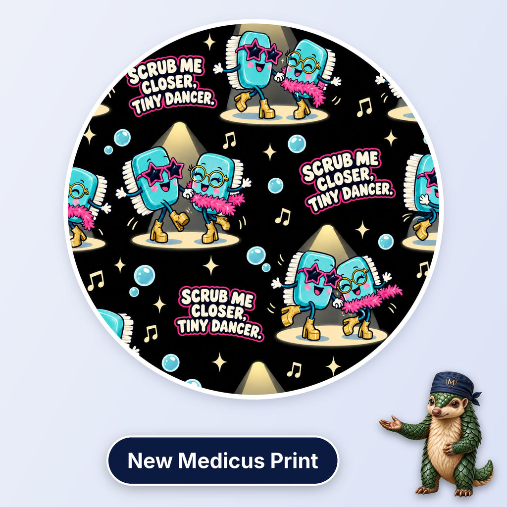 Scrub Me Closer Tiny Dancer scrub cap print: scrub brushes in star sunglasses and feather boas dancing under spotlights on black