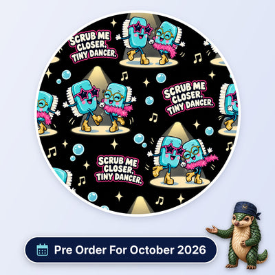 Scrub Me Closer Tiny Dancer scrub cap print: scrub brushes in star sunglasses and feather boas dancing under spotlights on black, with a Pre Order For October 2026 badge