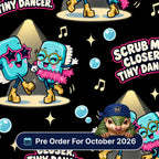 Scrub Me Closer Tiny Dancer scrub cap print: scrub brushes in star sunglasses and feather boas dancing under spotlights on black, with a Pre Order For October 2026 badge