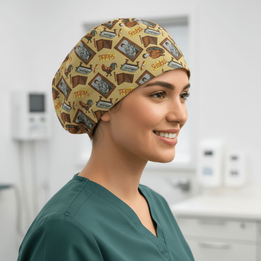 Yellow Seinfeld themed scrub cap with brown book and TV pattern for medical professionals