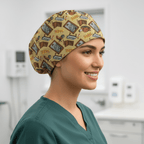 Yellow Seinfeld themed scrub cap with brown book and TV pattern for medical professionals