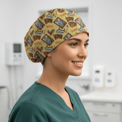 Yellow Seinfeld themed scrub cap with brown book and TV pattern for medical professionals
