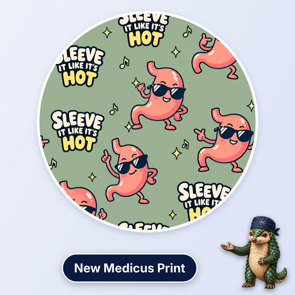 Sleeve It Like It's Hot scrub cap print: dancing stomachs in sunglasses with music notes on sage green