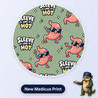 Sleeve It Like It's Hot scrub cap print: dancing stomachs in sunglasses with music notes on sage green