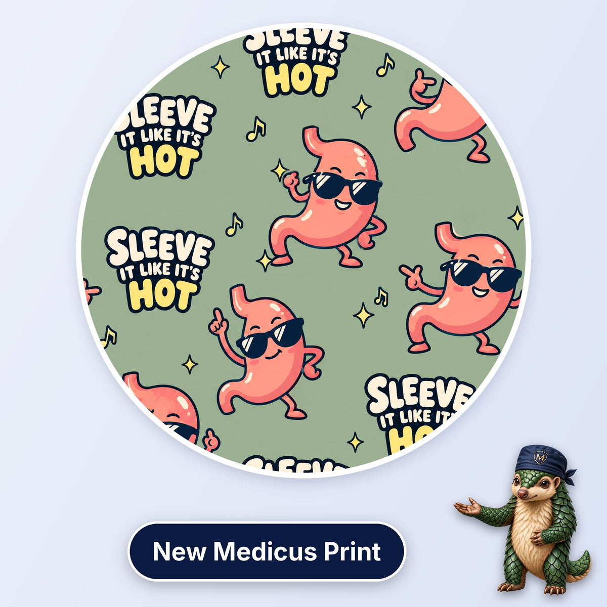 Sleeve It Like It's Hot scrub cap print: dancing stomachs in sunglasses with music notes on sage green