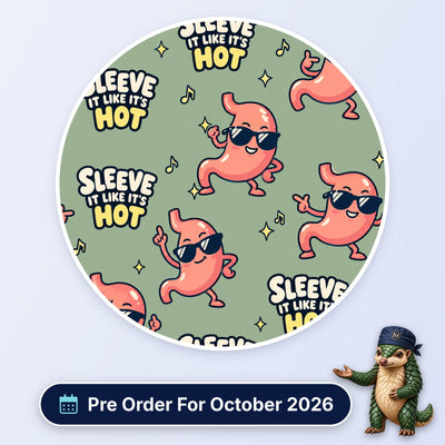 Sleeve It Like It's Hot scrub cap print: dancing stomachs in sunglasses with music notes on sage green, with a Pre Order For October 2026 badge