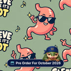 Sleeve It Like It's Hot scrub cap print: dancing stomachs in sunglasses with music notes on sage green, with a Pre Order For October 2026 badge