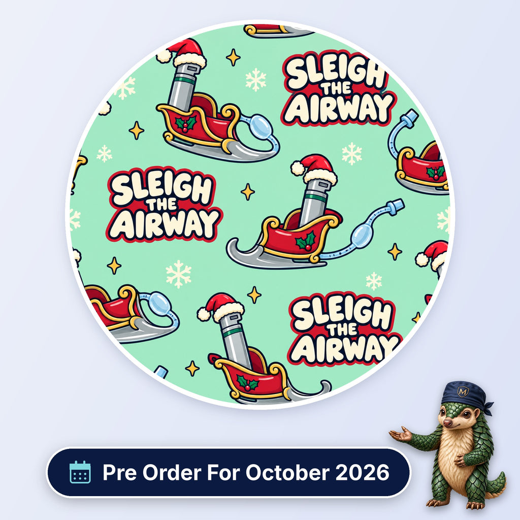 Sleigh The Airway scrub cap print: laryngoscopes in Santa hats riding red sleighs with snowflakes on mint green, with a Pre Order For October 2026 badge