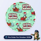Sleigh The Airway scrub cap print: laryngoscopes in Santa hats riding red sleighs with snowflakes on mint green, with a Pre Order For October 2026 badge