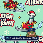 Sleigh The Airway scrub cap print: laryngoscopes in Santa hats riding red sleighs with snowflakes on mint green, with a Pre Order For October 2026 badge