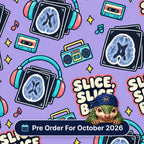 Slice, Slice Baby scrub cap print: brain scan slices wearing headphones with cassettes and boomboxes on lilac, with a Pre Order For October 2026 badge