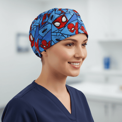 Red and blue Spiderman comic pattern scrub cap with web design grid