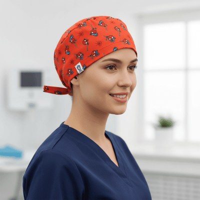 Spiderman Kawaii On Red scrub cap shown on model