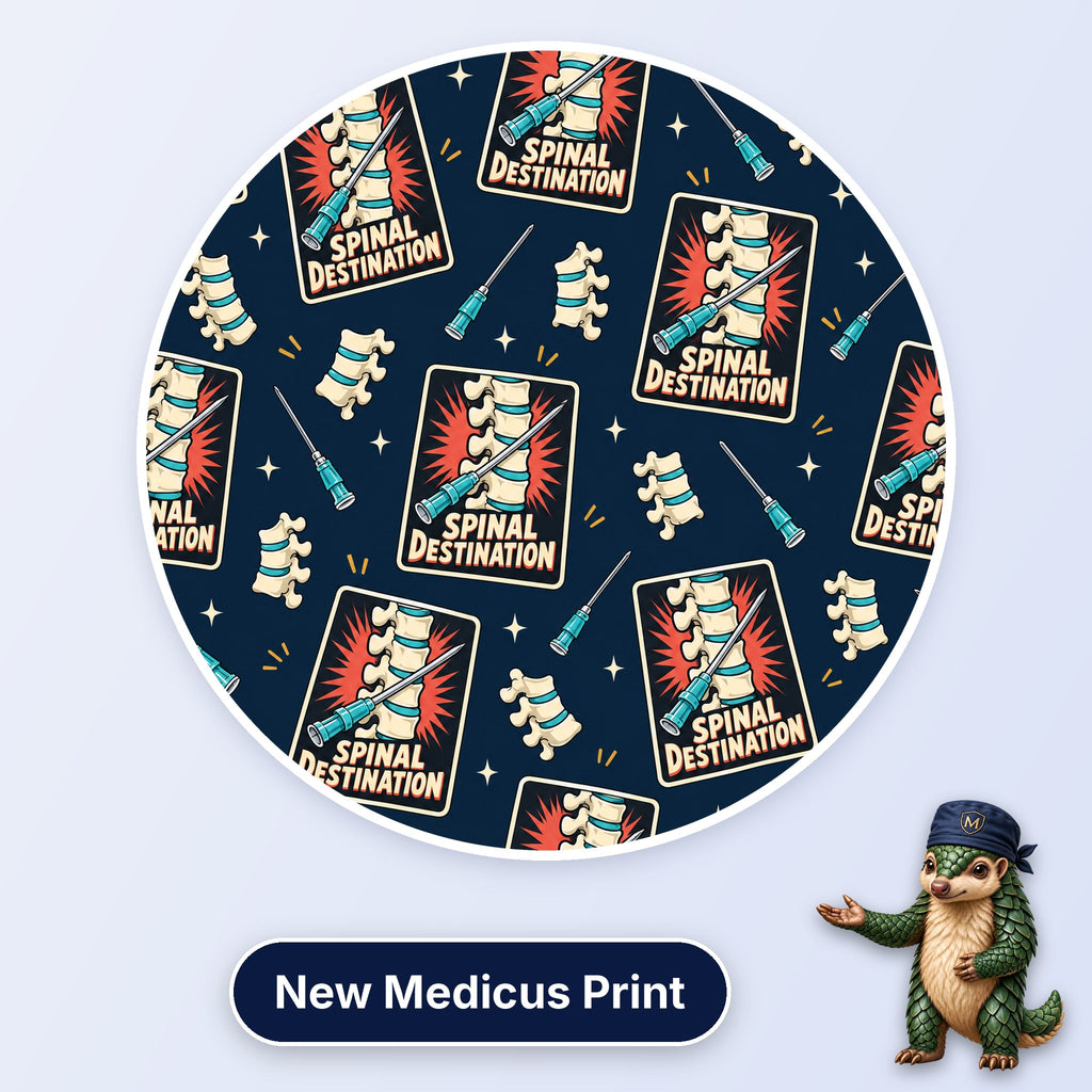 Spinal Destination scrub cap print: spine and needle poster badges with vertebrae and spinal needles on navy