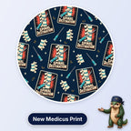Spinal Destination scrub cap print: spine and needle poster badges with vertebrae and spinal needles on navy