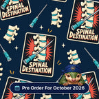 Spinal Destination scrub cap print: spine and needle poster badges with vertebrae and spinal needles on navy, with a Pre Order For October 2026 badge