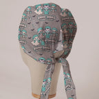 Squad Ghouls Scrubbed & Ready scrub cap in Bandana tie-back style on mannequin head, back view with ties