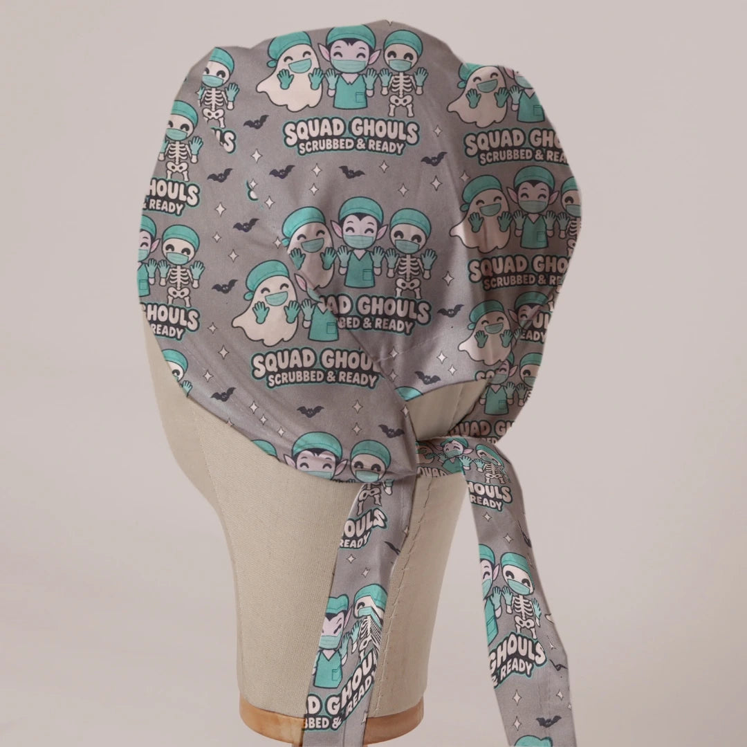 Squad Ghouls Scrubbed & Ready scrub cap in Bandana tie-back style on mannequin head, back view with ties