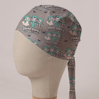 Squad Ghouls Scrubbed & Ready scrub cap: a ghost, vampire and skeleton in teal scrubs with bats on grey