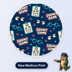 Squint Game scrub cap print: eye charts with shapes, glasses and squinting eyes on navy