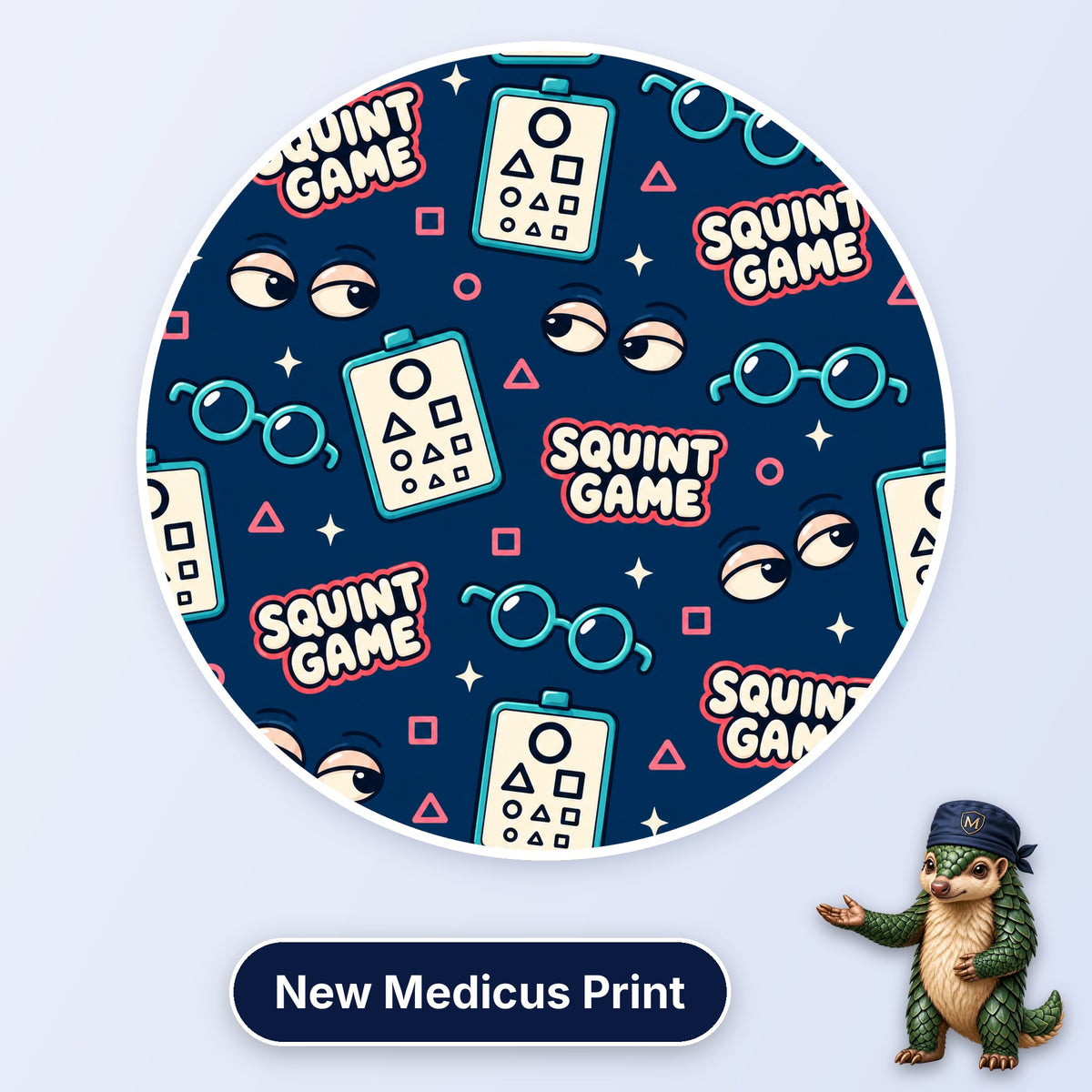 Squint Game scrub cap print: eye charts with shapes, glasses and squinting eyes on navy