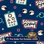 Squint Game scrub cap print: eye charts with shapes, glasses and squinting eyes on navy, with a Pre Order For October 2026 badge