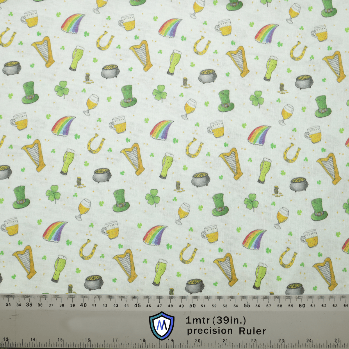 The St Patricks Day Trinkets Scrub Cap by Medicus Scrub Caps is adorned with green top hats, shamrocks, rainbows, harps, beer mugs, and horseshoes—perfect for a festive look. It includes a ruler at the bottom for measurements in meters and inches.