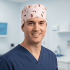 Pink scrub cap with cute cartoon faces pattern worn by smiling healthcare worker