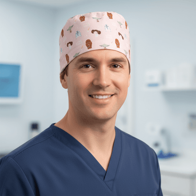 Pink scrub cap with cute cartoon faces pattern worn by smiling healthcare worker