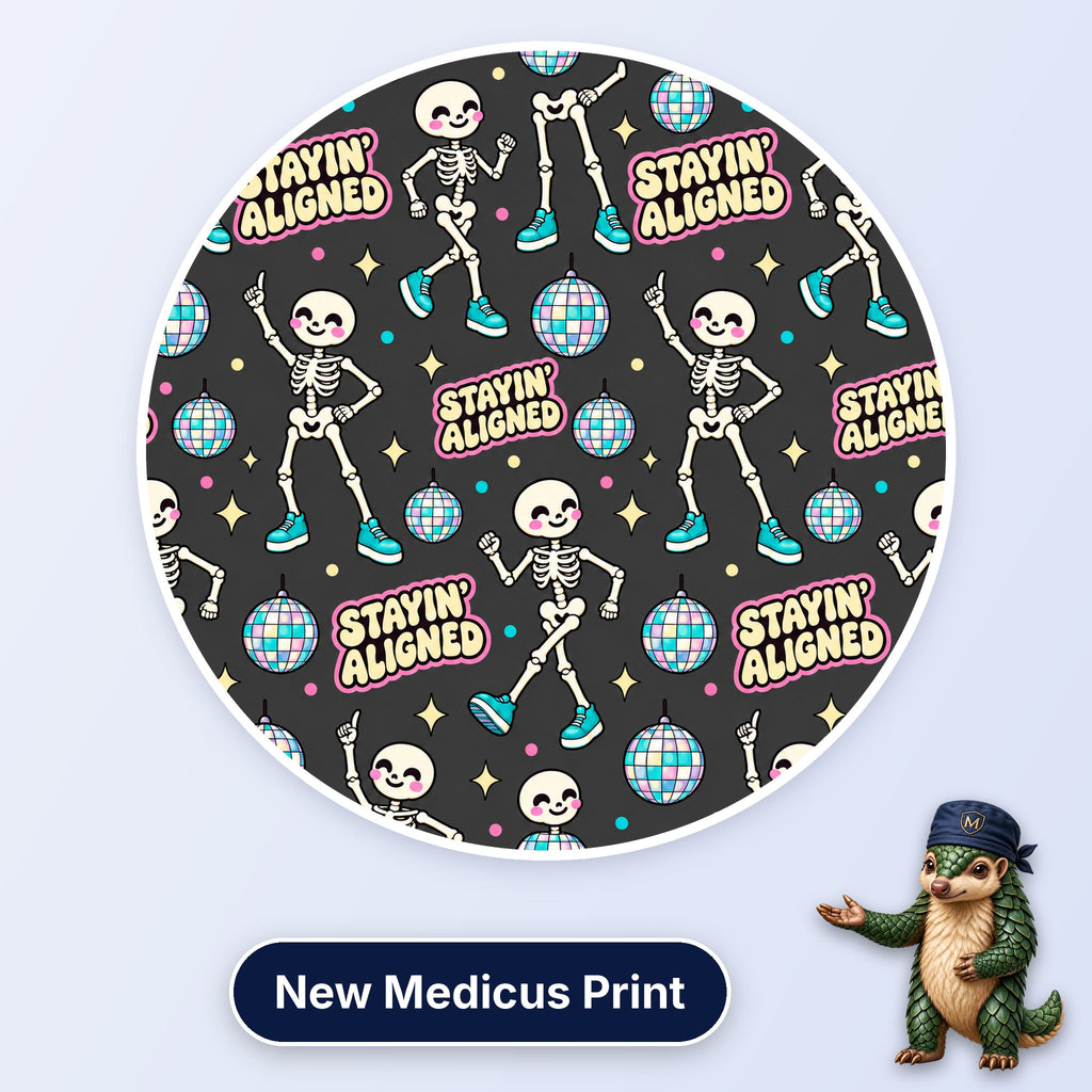 Stayin' Aligned scrub cap print: dancing skeletons in trainers with disco balls on charcoal