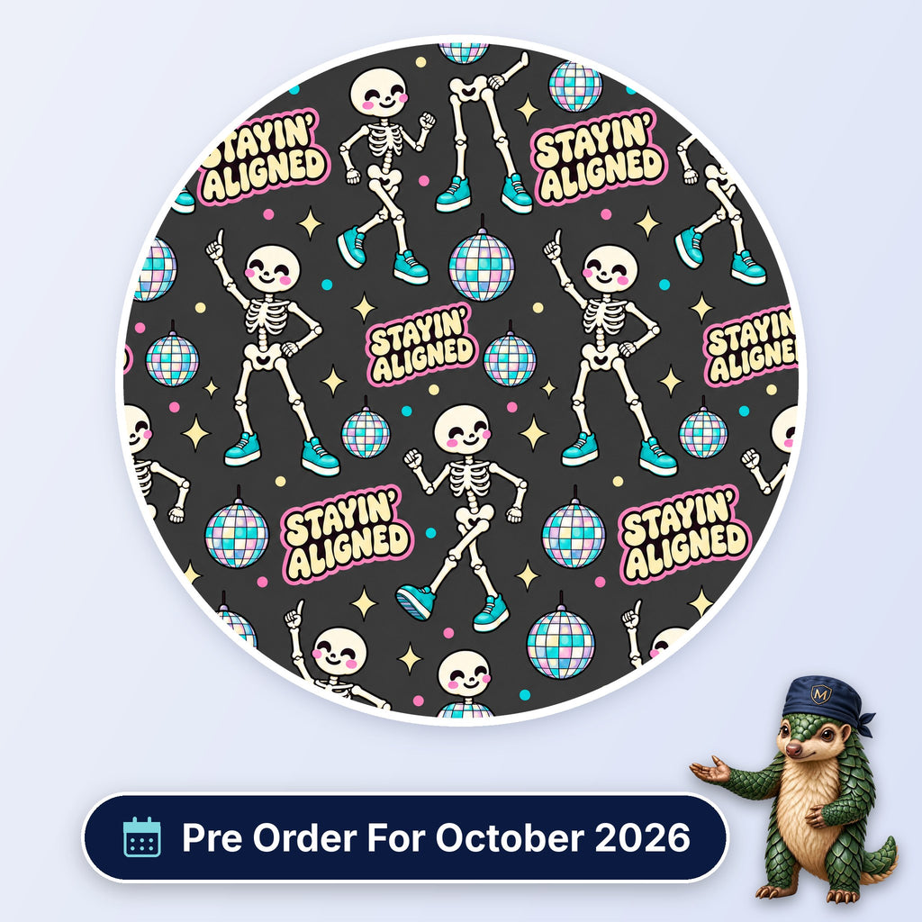 Stayin' Aligned scrub cap print: dancing skeletons in trainers with disco balls on charcoal, with a Pre Order For October 2026 badge