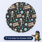 Stayin' Aligned scrub cap print: dancing skeletons in trainers with disco balls on charcoal, with a Pre Order For October 2026 badge