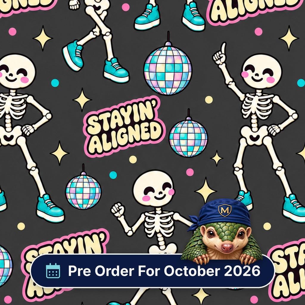 Stayin' Aligned scrub cap print: dancing skeletons in trainers with disco balls on charcoal, with a Pre Order For October 2026 badge
