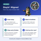 How pre-order works for the Stayin' Aligned scrub cap: order today, made in Sheffield, ships early October 2026