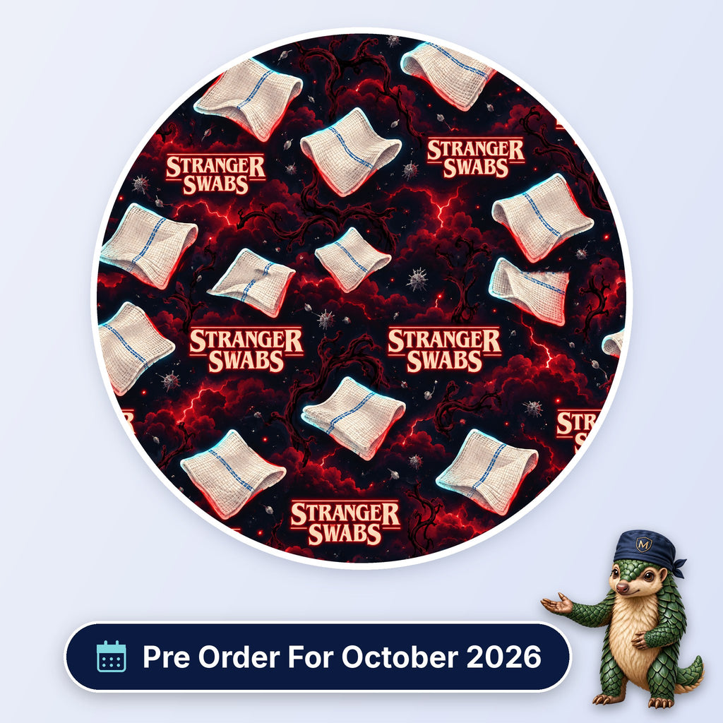 Stranger Swabs scrub cap print: floating gauze swabs with red lightning and dark vines, with a Pre Order For October 2026 badge