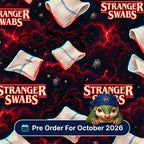 Stranger Swabs scrub cap print: floating gauze swabs with red lightning and dark vines, with a Pre Order For October 2026 badge