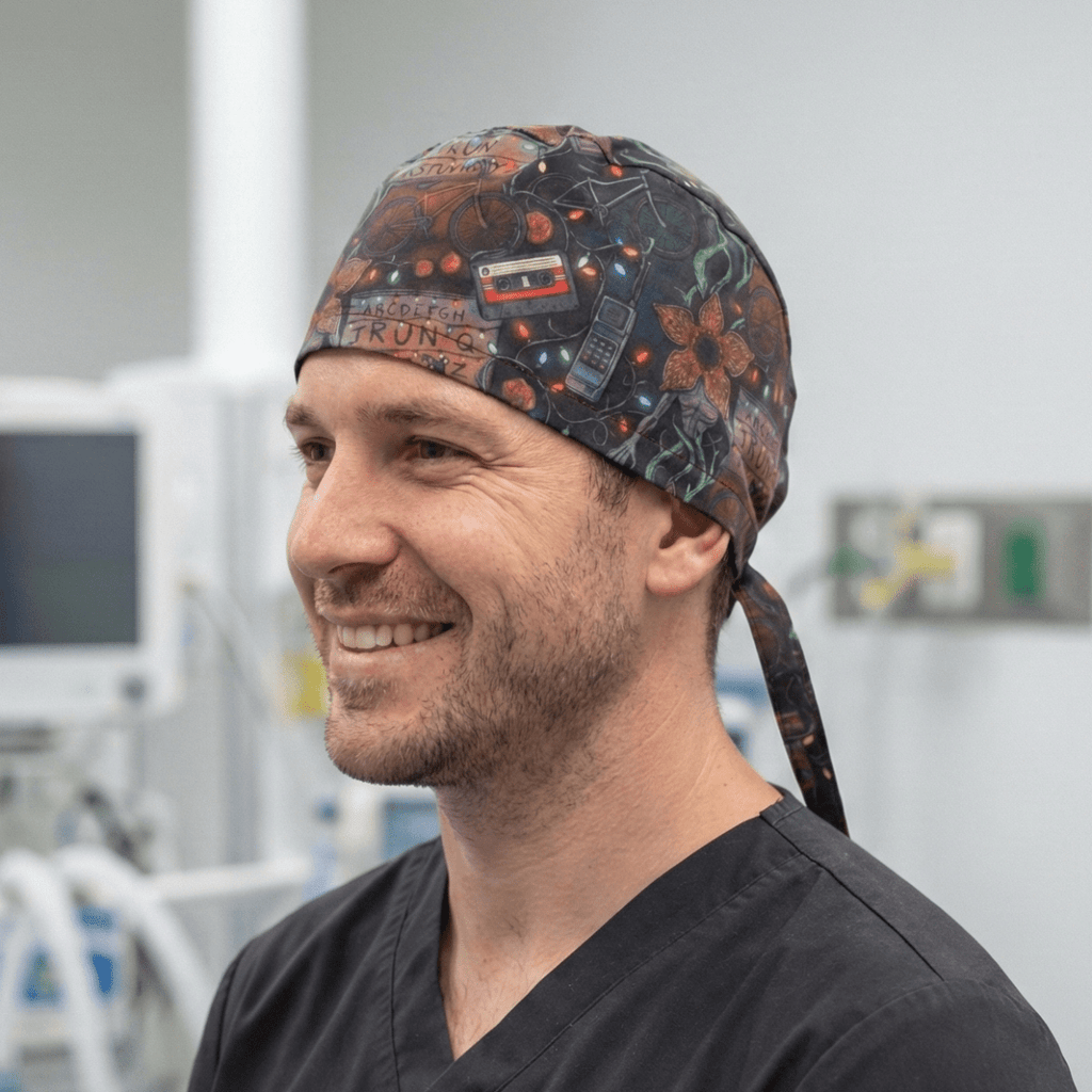 Dark multicoloured Stranger Things inspired icons pattern scrub cap with tie-back closure