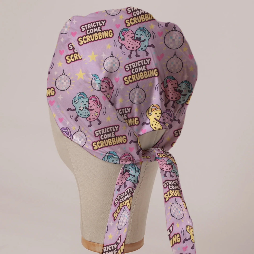 Strictly Come Scrubbing scrub cap in Bandana tie-back style on mannequin head, back view with ties