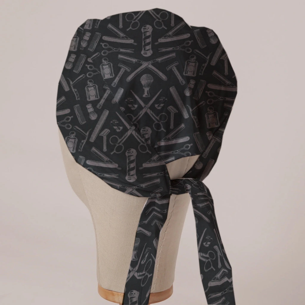 Surgeon Barbershop scrub cap in Bandana tie-back style on mannequin head, back view with ties