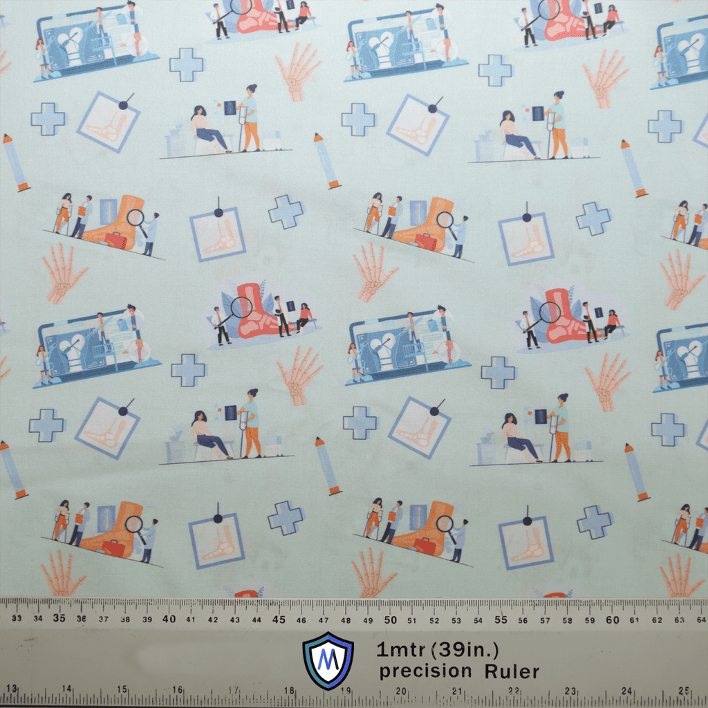 The Medicus Scrub Caps Surgery Hand Bones Ankle Check Up on Pale Blue features medical illustrations of X-rays, stethoscopes, and check-ups, perfect for a scrub cap.