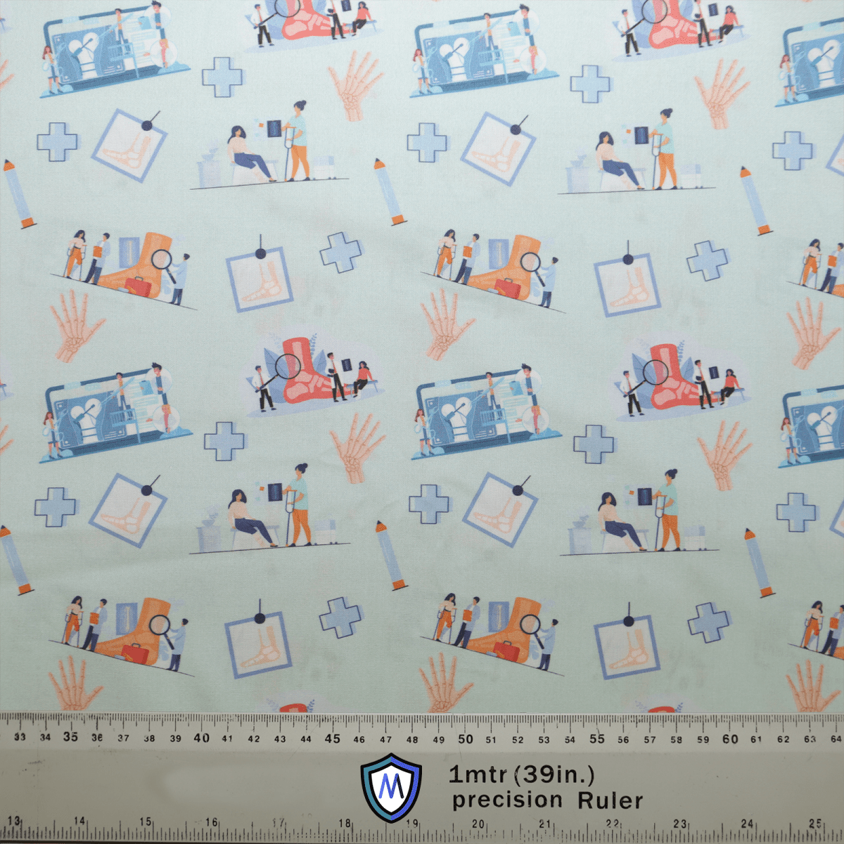 The Medicus Scrub Caps Surgery Hand Bones Ankle Check Up on Pale Blue features medical illustrations of X-rays, stethoscopes, and check-ups, perfect for a scrub cap.