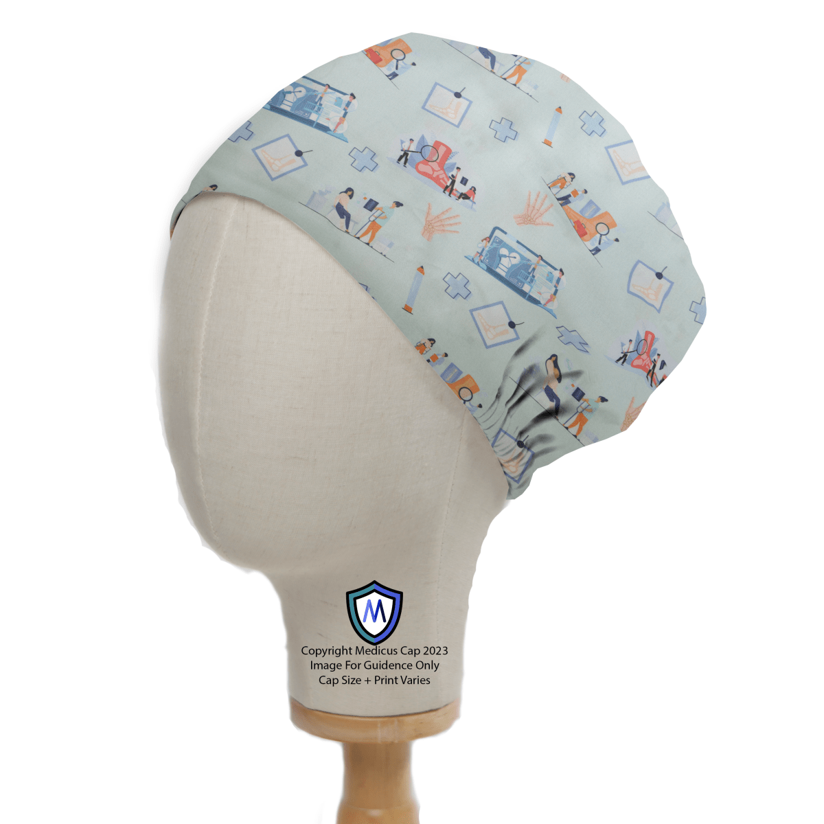 A mannequin head wears the Surgery Hand Bones Ankle Check-up scrub cap by Medicus Scrub Caps, featuring medical-themed illustrations on pale blue fabric.