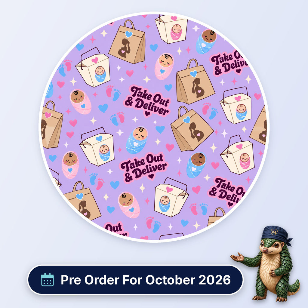 Take Out And Deliver scrub cap print: takeaway boxes and bags with swaddled babies, footprints and hearts on lilac, with a Pre Order For October 2026 badge