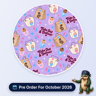 Take Out And Deliver scrub cap print: takeaway boxes and bags with swaddled babies, footprints and hearts on lilac, with a Pre Order For October 2026 badge
