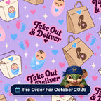 Take Out And Deliver scrub cap print: takeaway boxes and bags with swaddled babies, footprints and hearts on lilac, with a Pre Order For October 2026 badge